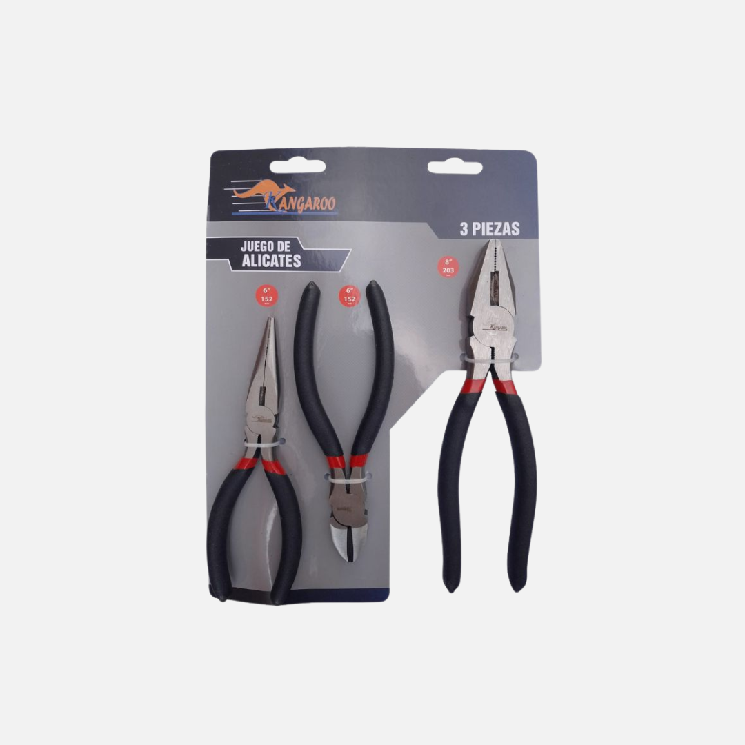 Juego alicates electricista 3 piezas (6″-6″-8″) kangaroo