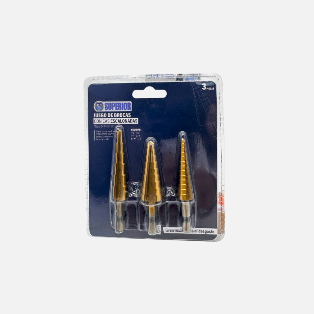 Juego brocas escalonadas hss 1/8″ – 3/4″ x 3pcs importada