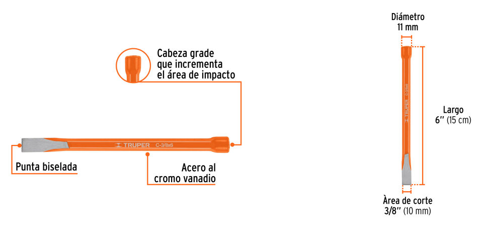 Cincel de corte frio de 3/8 X 6" marca TRUPER