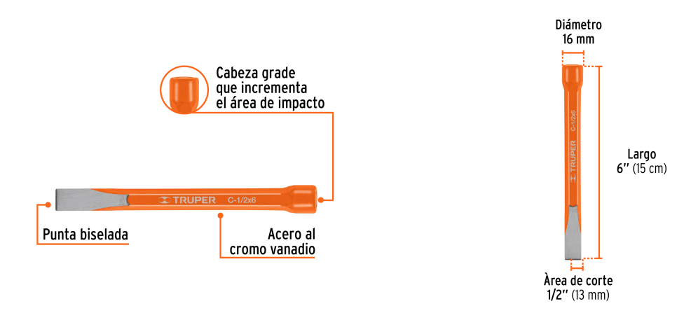 Cincel de corte frio de 1/2 x 6" marca TRUPER