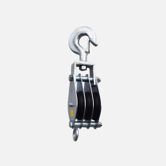 Polea triple galvanizada con pestillo roldana nylon
