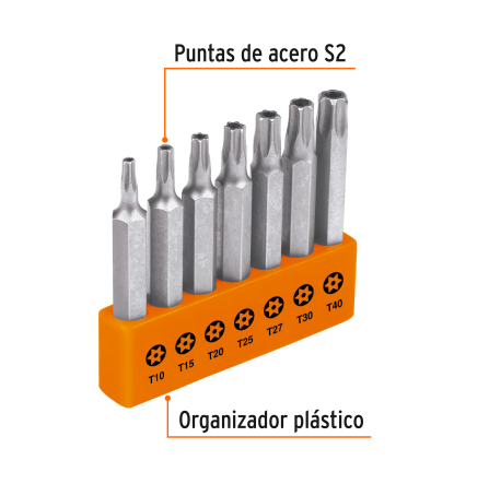 Juego 7 puntas TORX combinadas c/seguro largo 2" marca TRUPER EXPERT