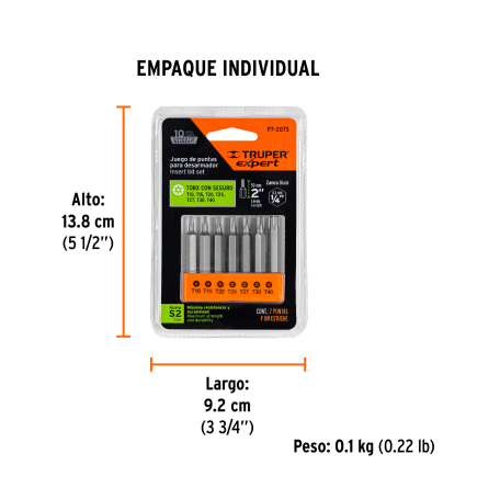 Juego 7 puntas TORX combinadas c/seguro largo 2" marca TRUPER EXPERT