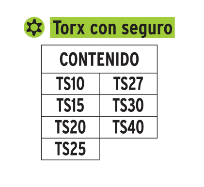 Juego 7 puntas TORX combinadas c/seguro largo 2" marca TRUPER EXPERT