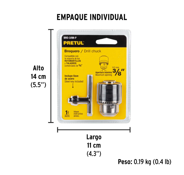 Mandril 3/8" con llave cuerpo moleteado marca PRETUL