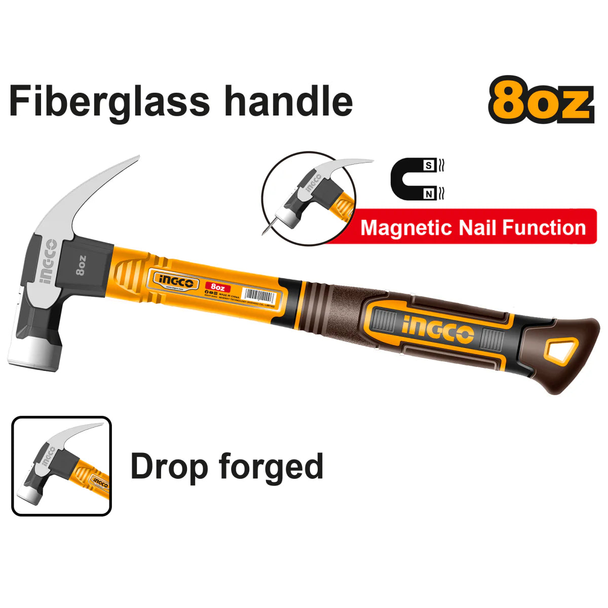 Martillo de uña 80Z mango fibra de vidrio magnético marca INGCO HCH81008