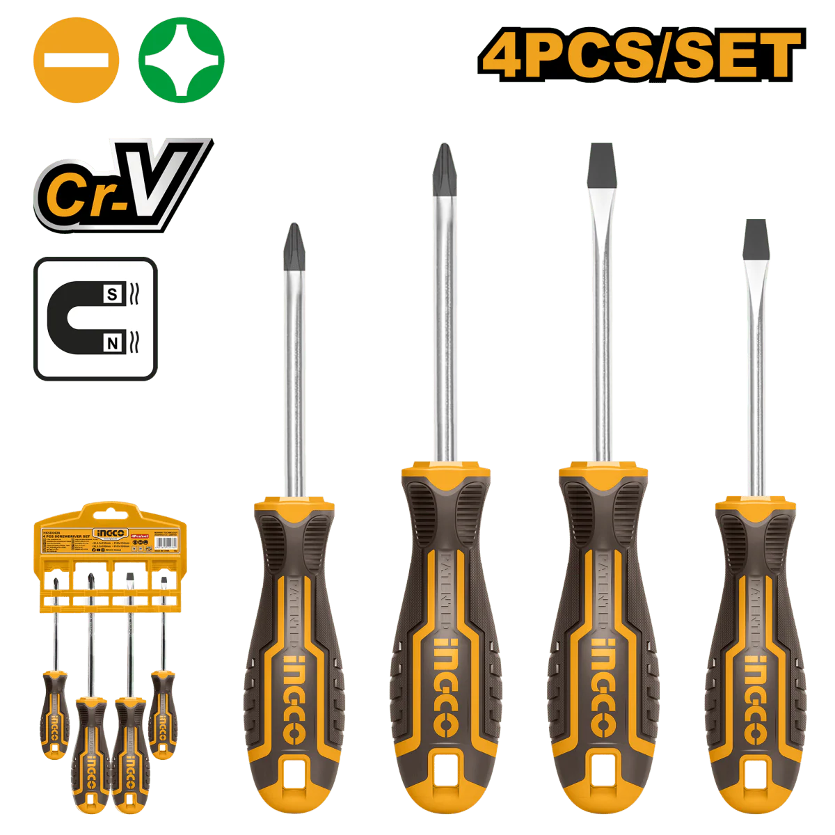Set 4PCS destornillador marca INGCO 2 phillips + 2 pala HKSD0428