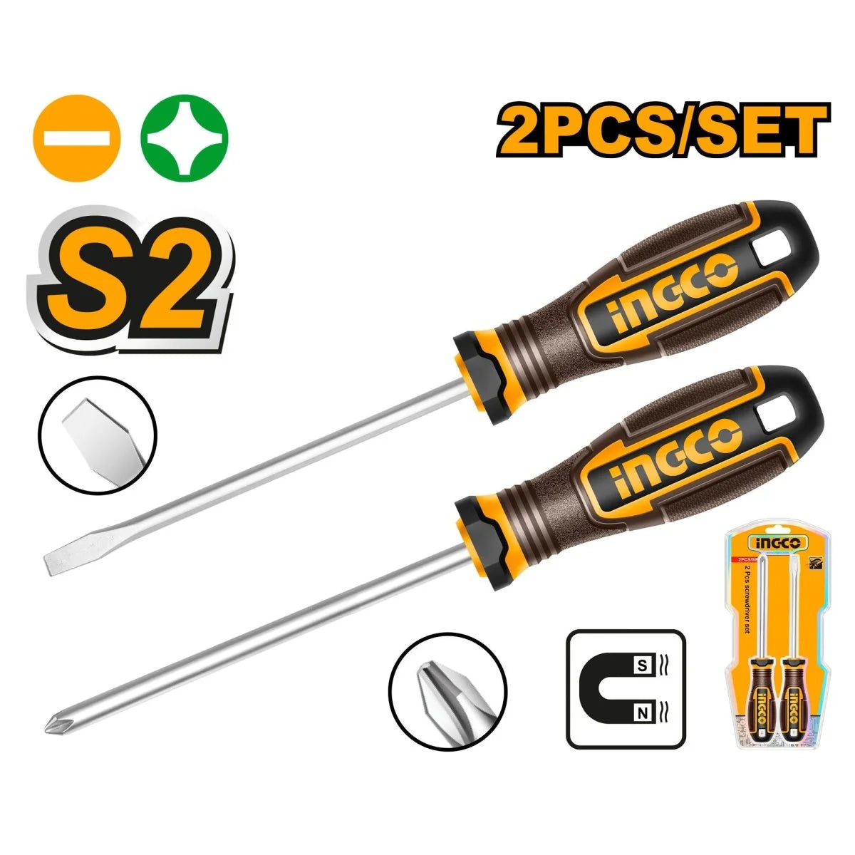 Set destornilladores 2 PCS magnetico marca INGCO HKSDS0228